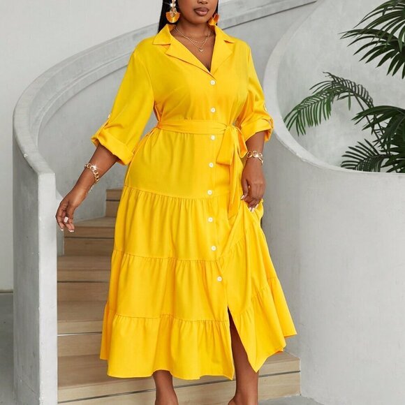 Yellow Casual Women's Plus Size V-Neck Button-Front Long Sleeve Dress - Picture 5 of 6
